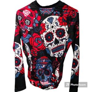 Skeleton Day of the Dead Abstract Long Sleeve Biking Shirt EUC Small